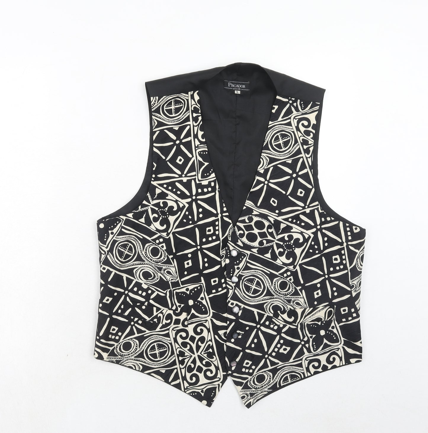 Piscador Mens Black Geometric Silk Jacket Suit Waistcoat Size 42 Regular