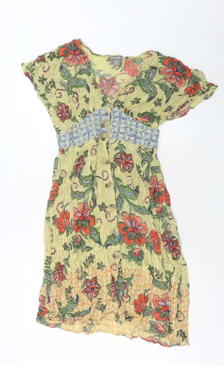 Angie Womens Yellow Floral Viscose Trapeze & Swing Size M V-Neck Button