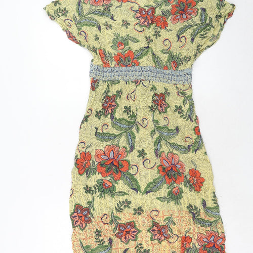 Angie Womens Yellow Floral Viscose Trapeze & Swing Size M V-Neck Button