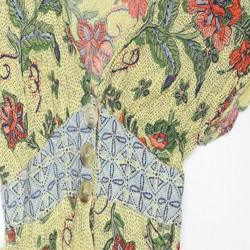 Angie Womens Yellow Floral Viscose Trapeze & Swing Size M V-Neck Button