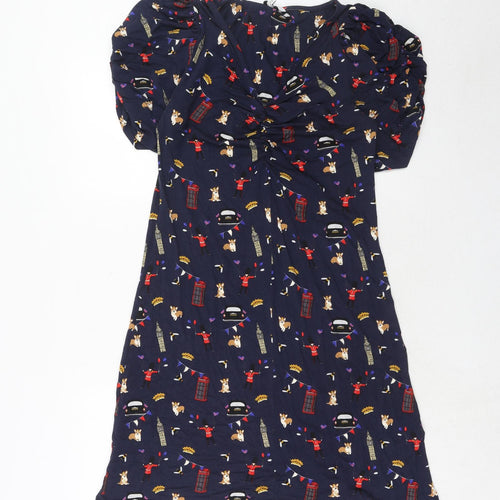NEXT Womens Blue Geometric Viscose Trapeze & Swing Size 10 V-Neck Pullover - London Icons