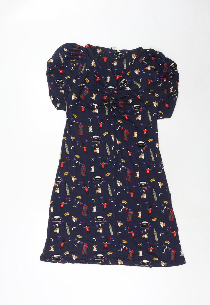 NEXT Womens Blue Geometric Viscose Trapeze & Swing Size 10 V-Neck Pullover - London Icons