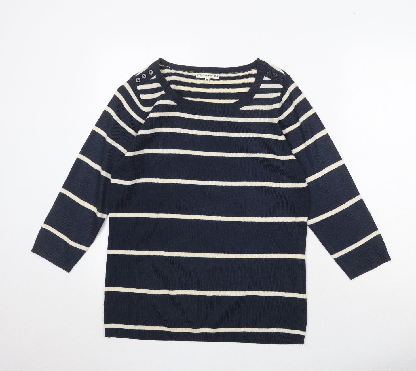 Store Twenty One Womens Blue Round Neck Striped Acrylic Pullover Jumper Size 14