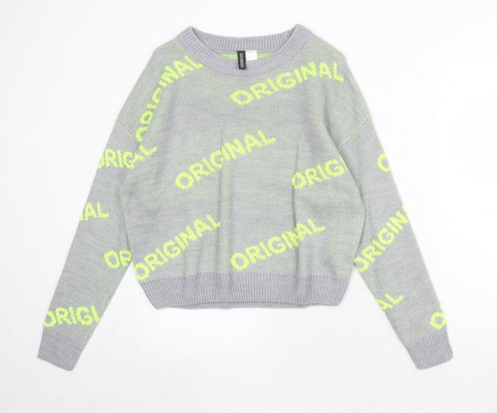 Divided by H&M Womens Grey Round Neck Geometric Acrylic Pullover Jumper Size S - Original