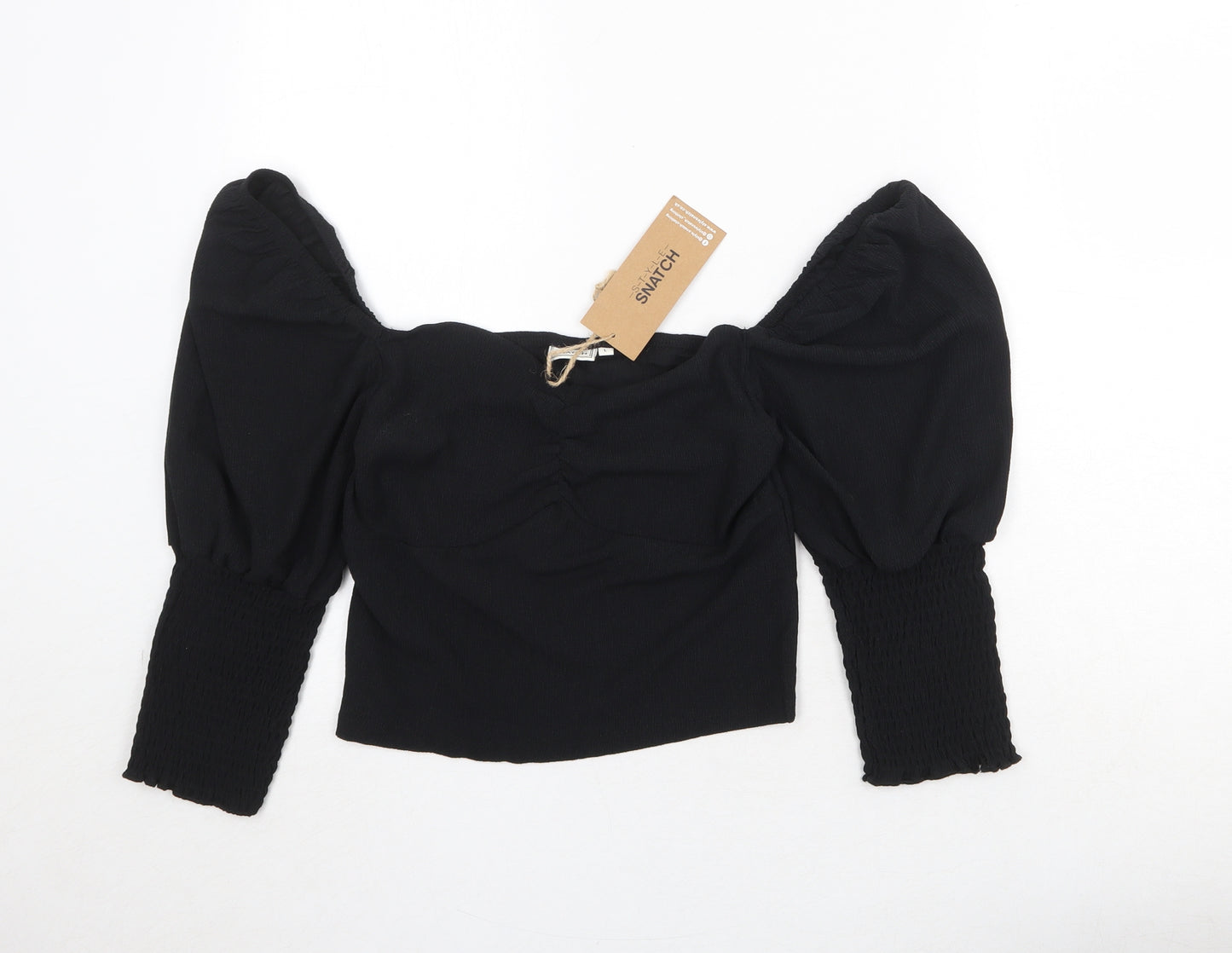 Style Snatch Womens Black Polyester Cropped Blouse Size L Round Neck