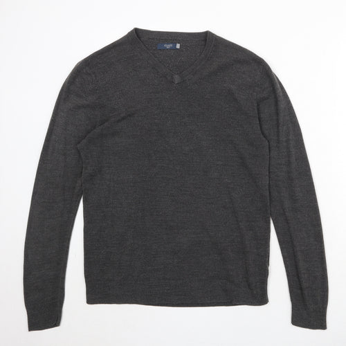 Atlantic Bay Mens Grey V-Neck Acrylic Pullover Jumper Size L Long Sleeve