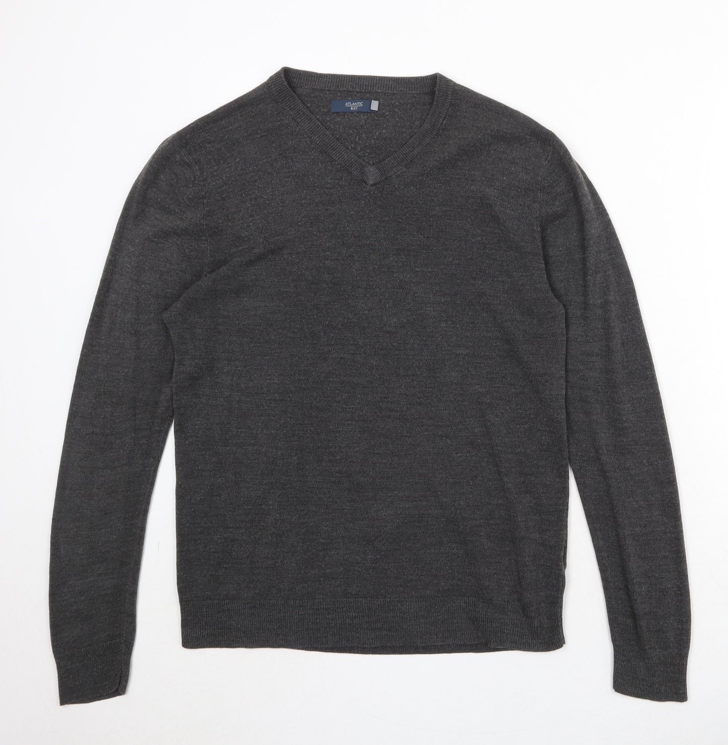 Atlantic Bay Mens Grey V-Neck Acrylic Pullover Jumper Size L Long Sleeve