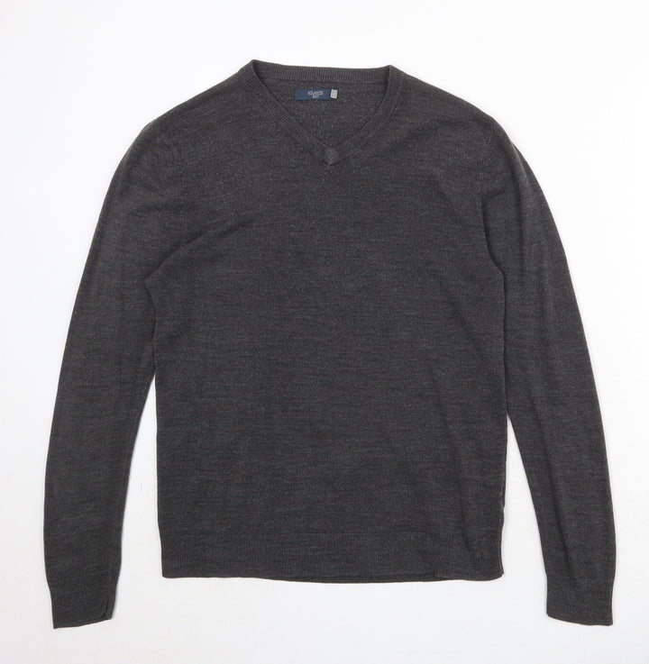 Atlantic Bay Mens Grey V-Neck Acrylic Pullover Jumper Size L Long Sleeve