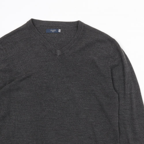 Atlantic Bay Mens Grey V-Neck Acrylic Pullover Jumper Size L Long Sleeve