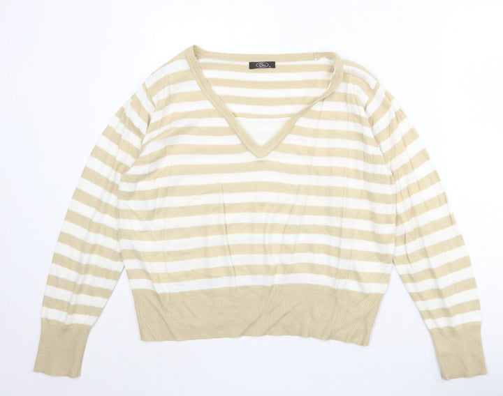 Bonmarché Womens Beige V-Neck Striped Acrylic Pullover Jumper Size M