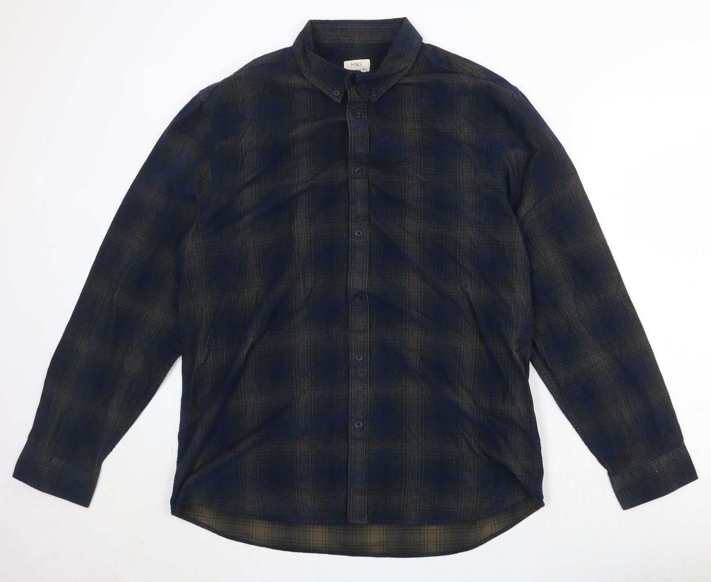 Marks and Spencer Mens Blue Plaid Cotton Button-Up Size XL Collared Button
