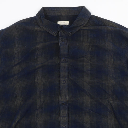 Marks and Spencer Mens Blue Plaid Cotton Button-Up Size XL Collared Button