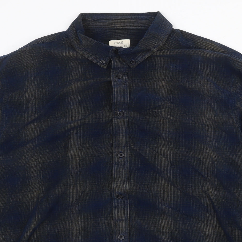 Marks and Spencer Mens Blue Plaid Cotton Button-Up Size XL Collared Button