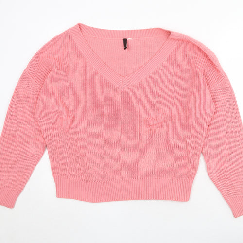 Divided by H&M Womens Pink V-Neck Acrylic Pullover Jumper Size L