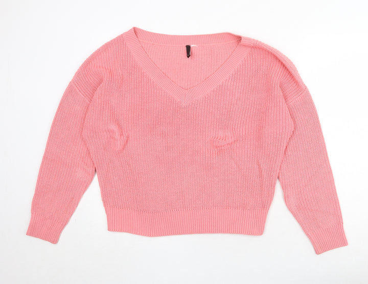 Divided by H&M Womens Pink V-Neck Acrylic Pullover Jumper Size L