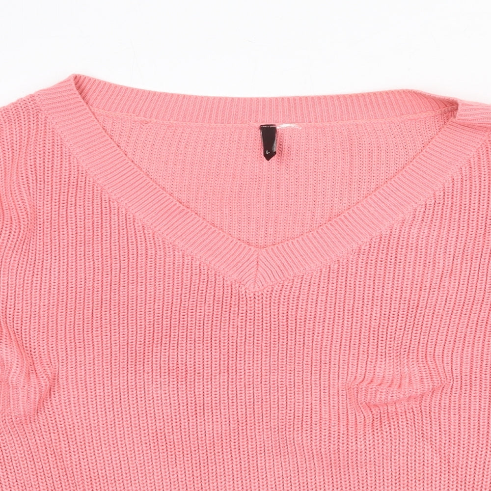 Divided by H&M Womens Pink V-Neck Acrylic Pullover Jumper Size L