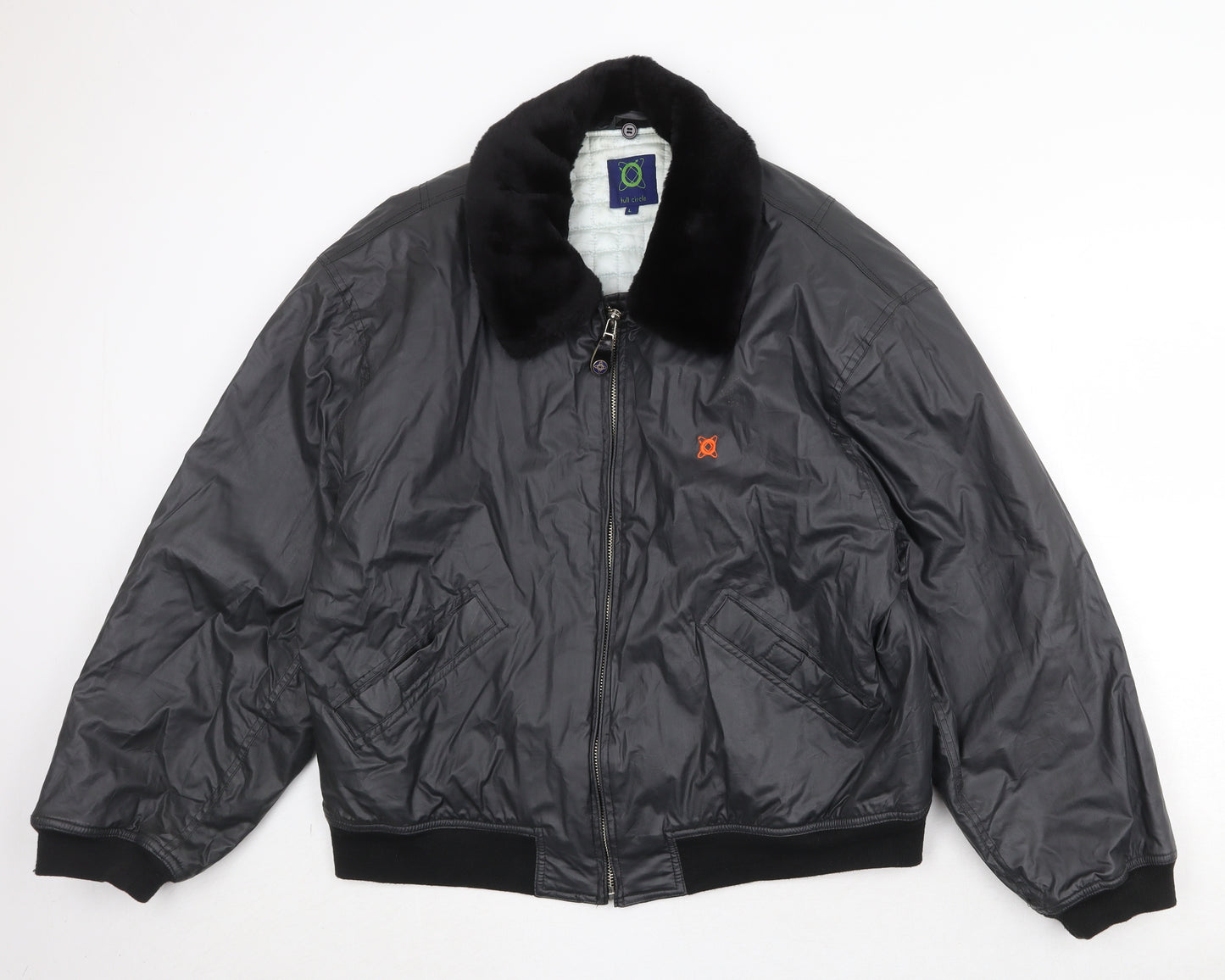 Full Circle Mens Black Bomber Jacket Jacket Size L Zip - Faux Fur Collar