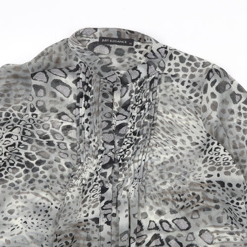 JUST ELEGANCE Womens Grey Animal Print Polyester Basic Button-Up Size 14 Round Neck - Leopard Pattern