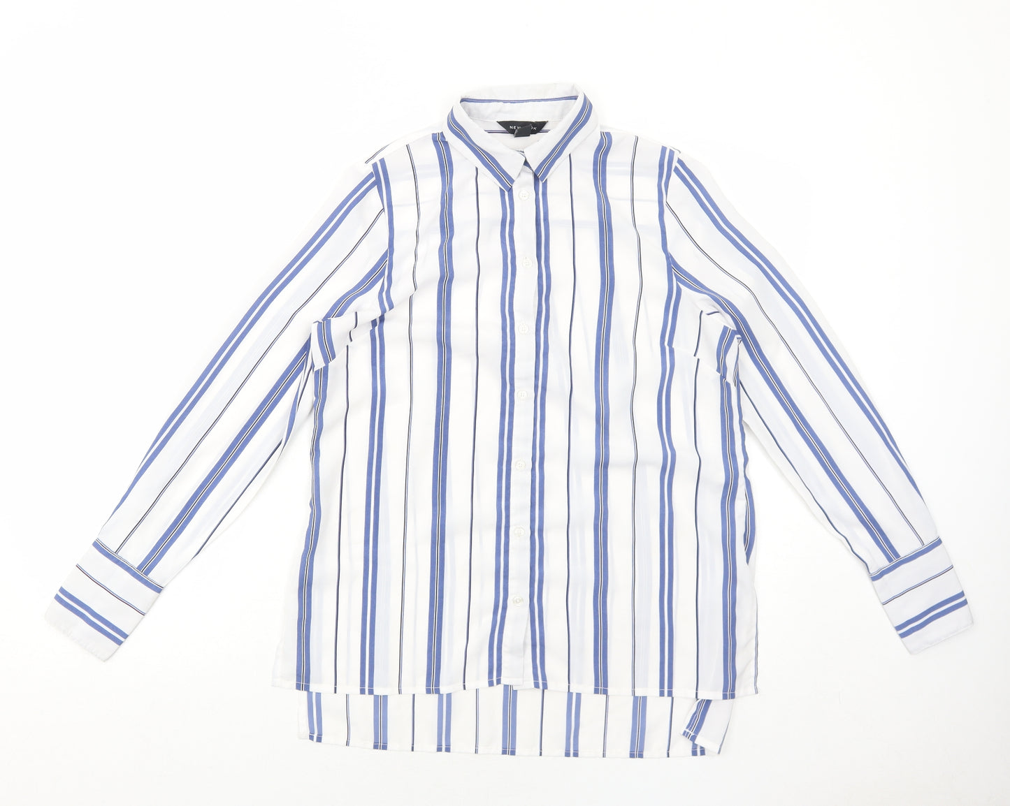 New Look Womens White Striped Polyester Basic Button-Up Size 8 Collared