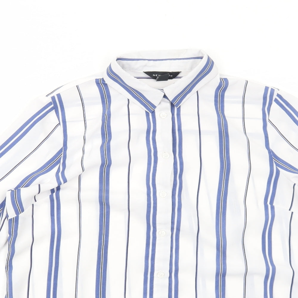 New Look Womens White Striped Polyester Basic Button-Up Size 8 Collared