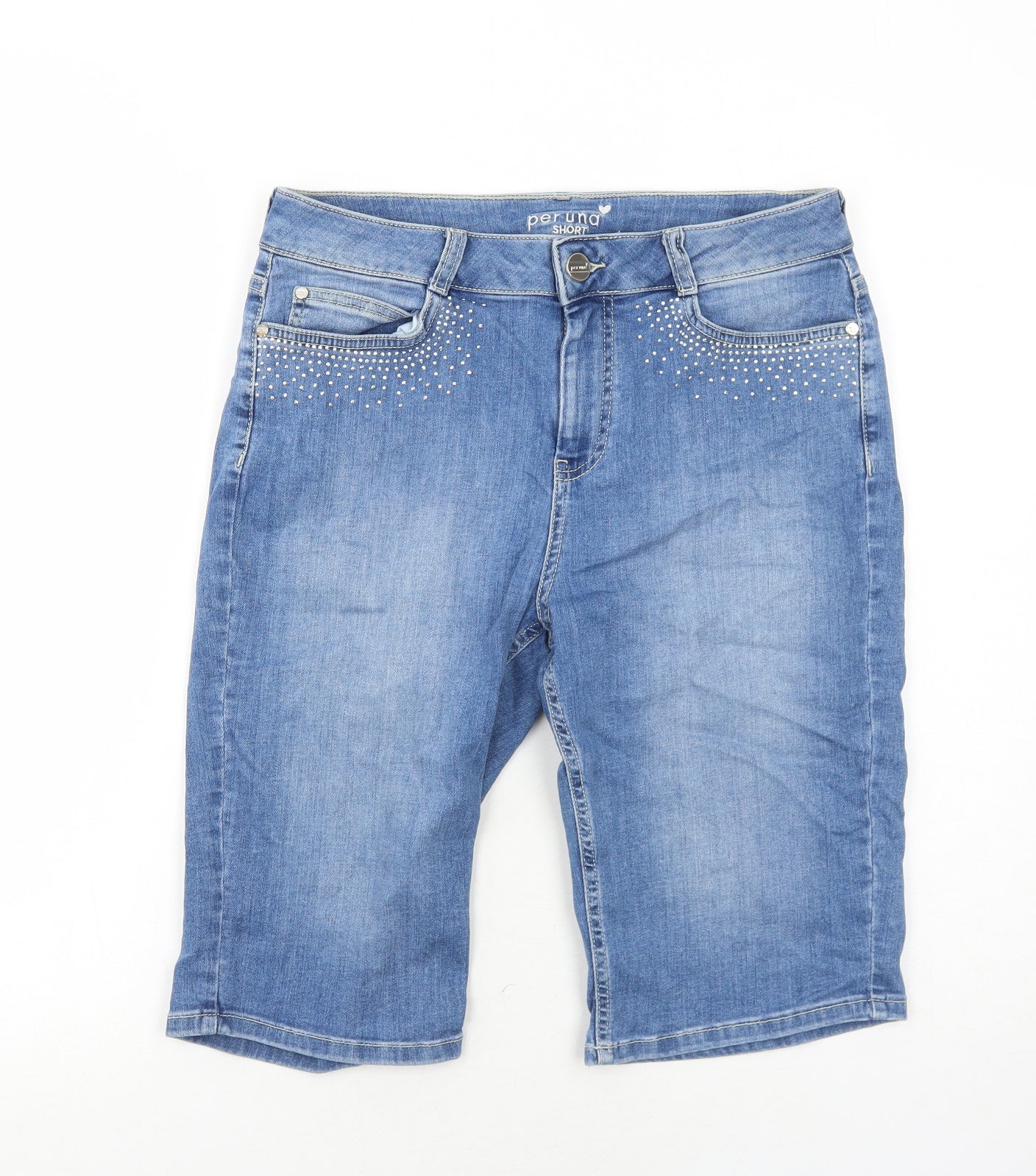 Marks and Spencer Womens Blue Cotton Chino Shorts Size 14 Regular Zip - Embellished Pockets