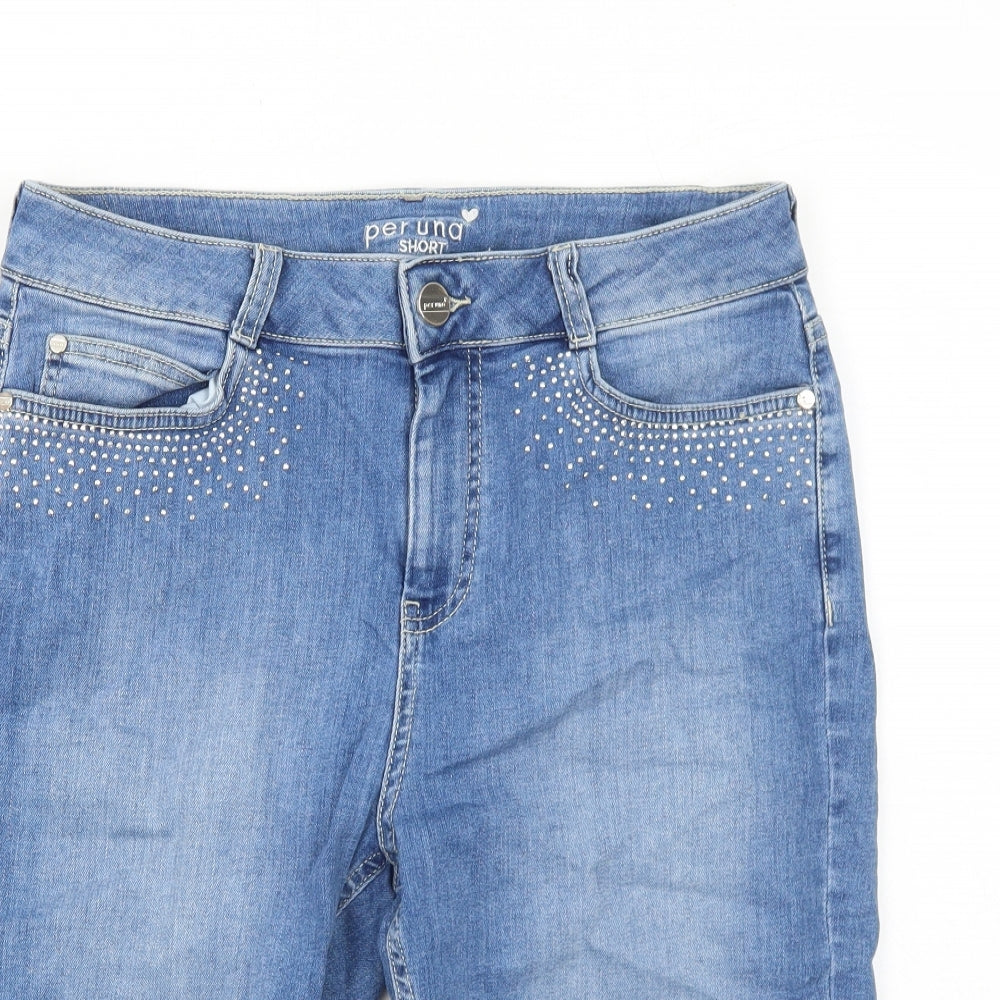 Marks and Spencer Womens Blue Cotton Chino Shorts Size 14 Regular Zip - Embellished Pockets