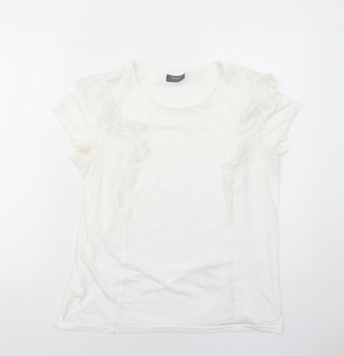 Yessica Womens White Polyamide Basic T-Shirt Size M Round Neck