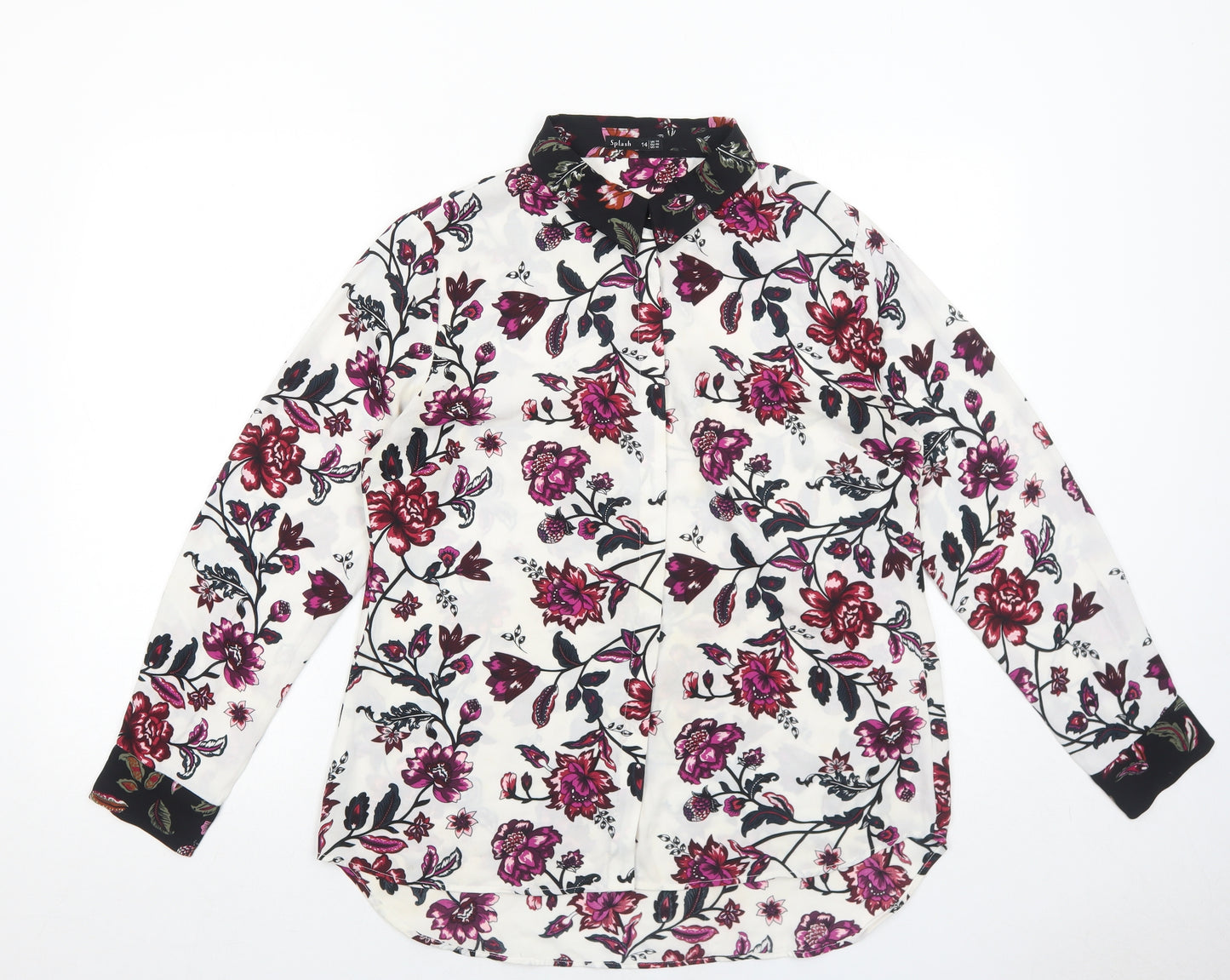 SPLASH Womens White Floral Polyester Basic Button-Up Size 14 Collared