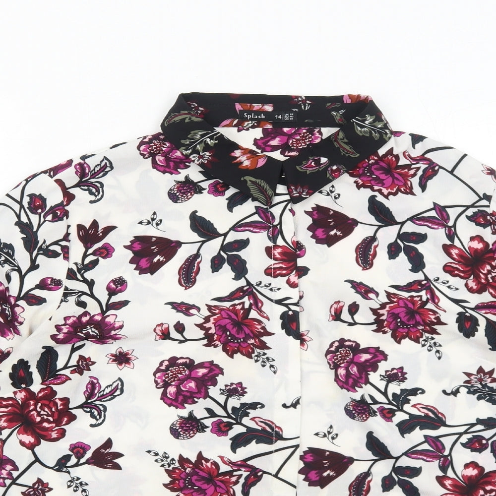 SPLASH Womens White Floral Polyester Basic Button-Up Size 14 Collared