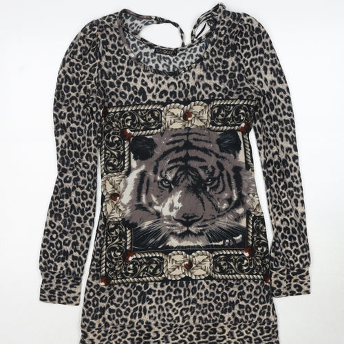 Quiz Womens Black Animal Print Polyester A-Line Size S Round Neck Pullover - Leopard Pattern Lion Print