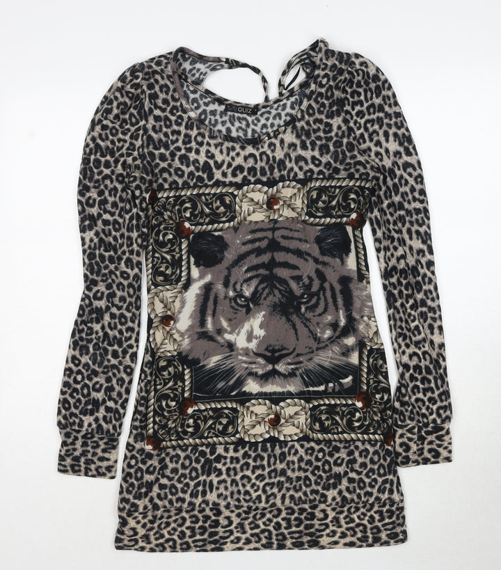 Quiz Womens Black Animal Print Polyester A-Line Size S Round Neck Pullover - Leopard Pattern Lion Print