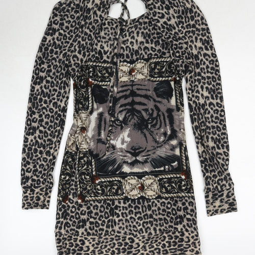 Quiz Womens Black Animal Print Polyester A-Line Size S Round Neck Pullover - Leopard Pattern Lion Print