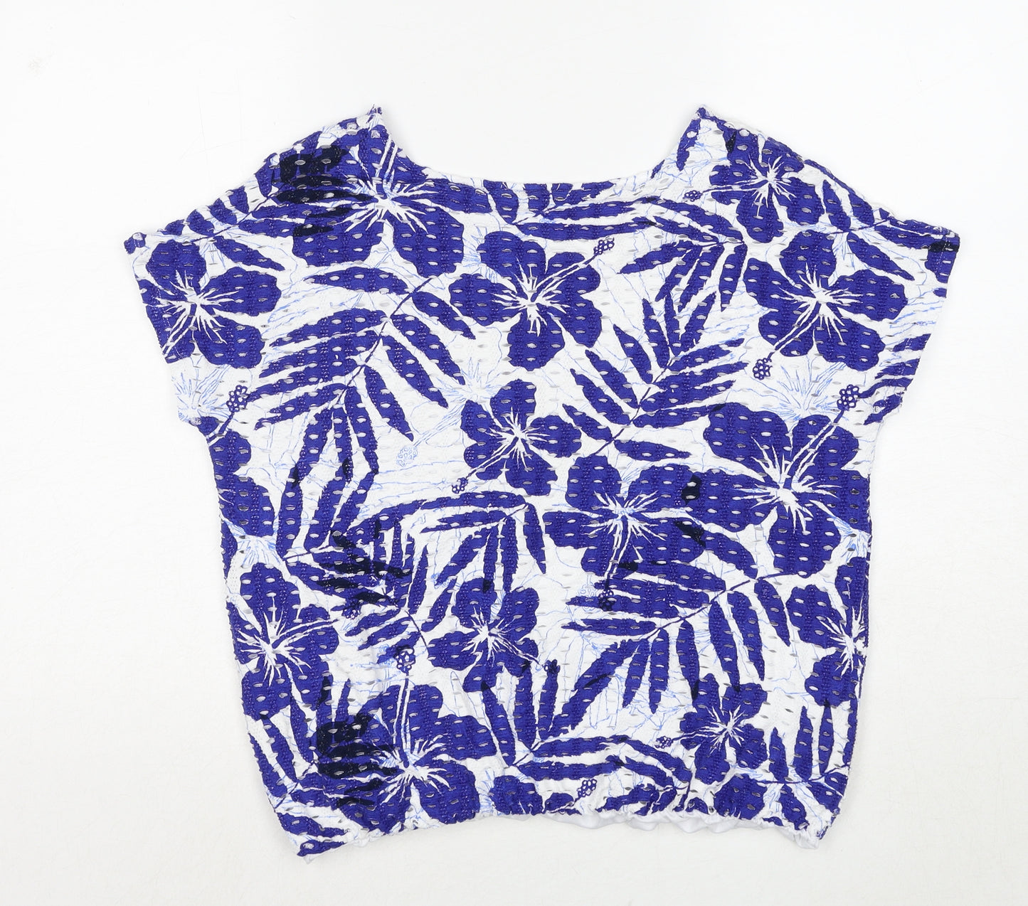 Klass Womens Blue Floral Viscose Basic Blouse Size L Round Neck