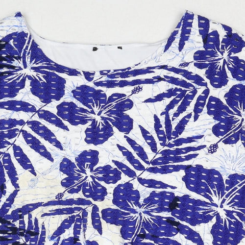 Klass Womens Blue Floral Viscose Basic Blouse Size L Round Neck
