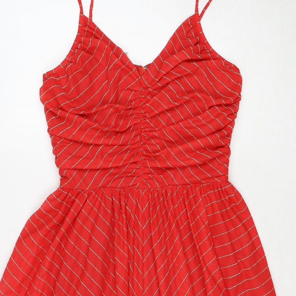 Trina Lewis Womens Red Striped Polyester Slip Dress Size 14 V-Neck Zip