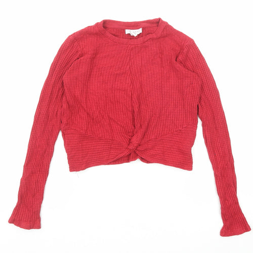Topshop Womens Red Round Neck Viscose Pullover Jumper Size 6 - Cropped Knot Front