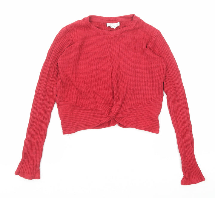 Topshop Womens Red Round Neck Viscose Pullover Jumper Size 6 - Cropped Knot Front