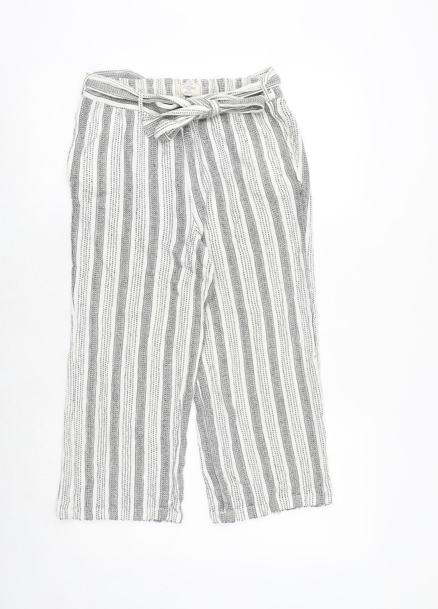 Fat Face Womens White Striped Cotton Cropped Trousers Size 10 Regular Tie