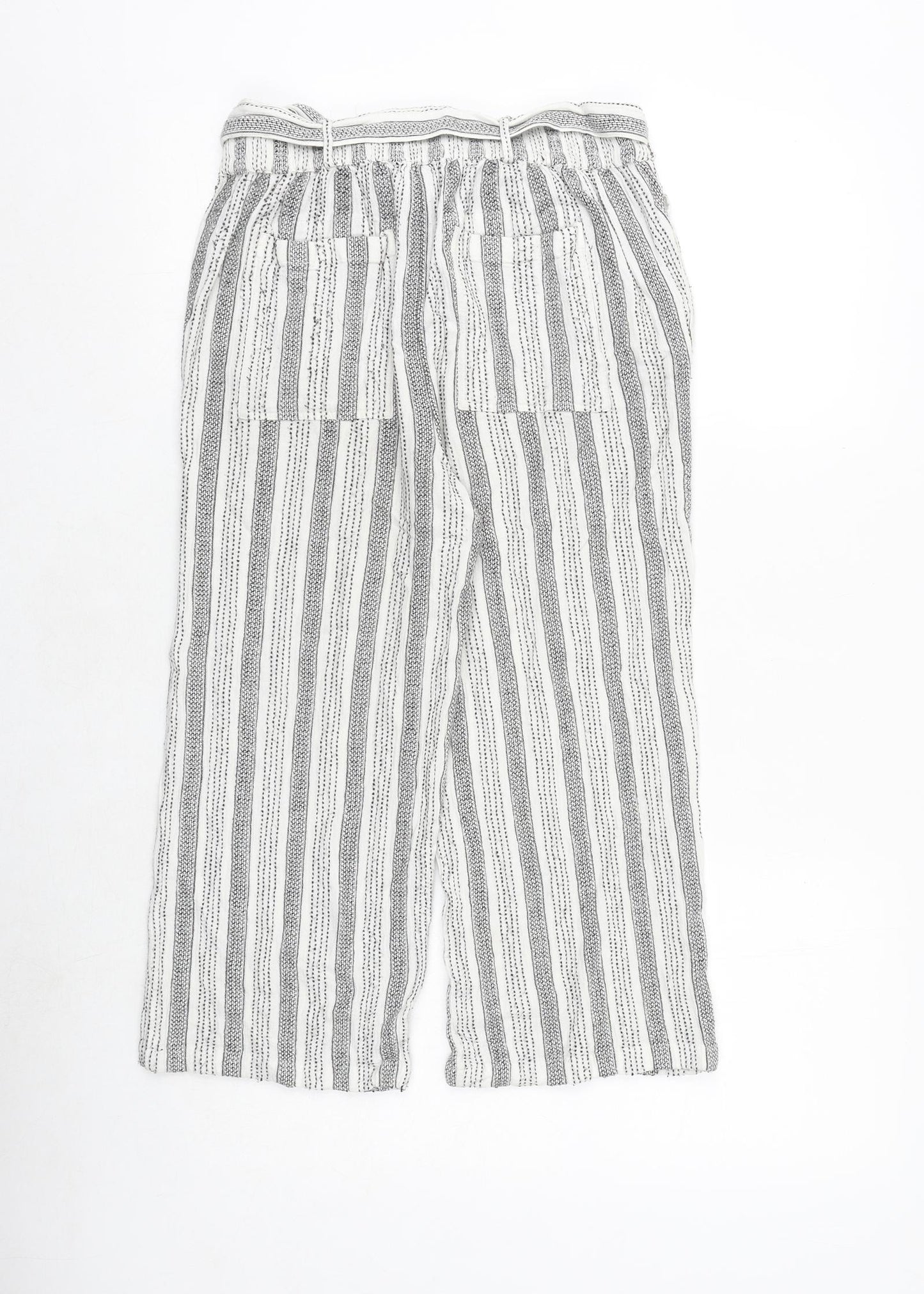 Fat Face Womens White Striped Cotton Cropped Trousers Size 10 Regular Tie