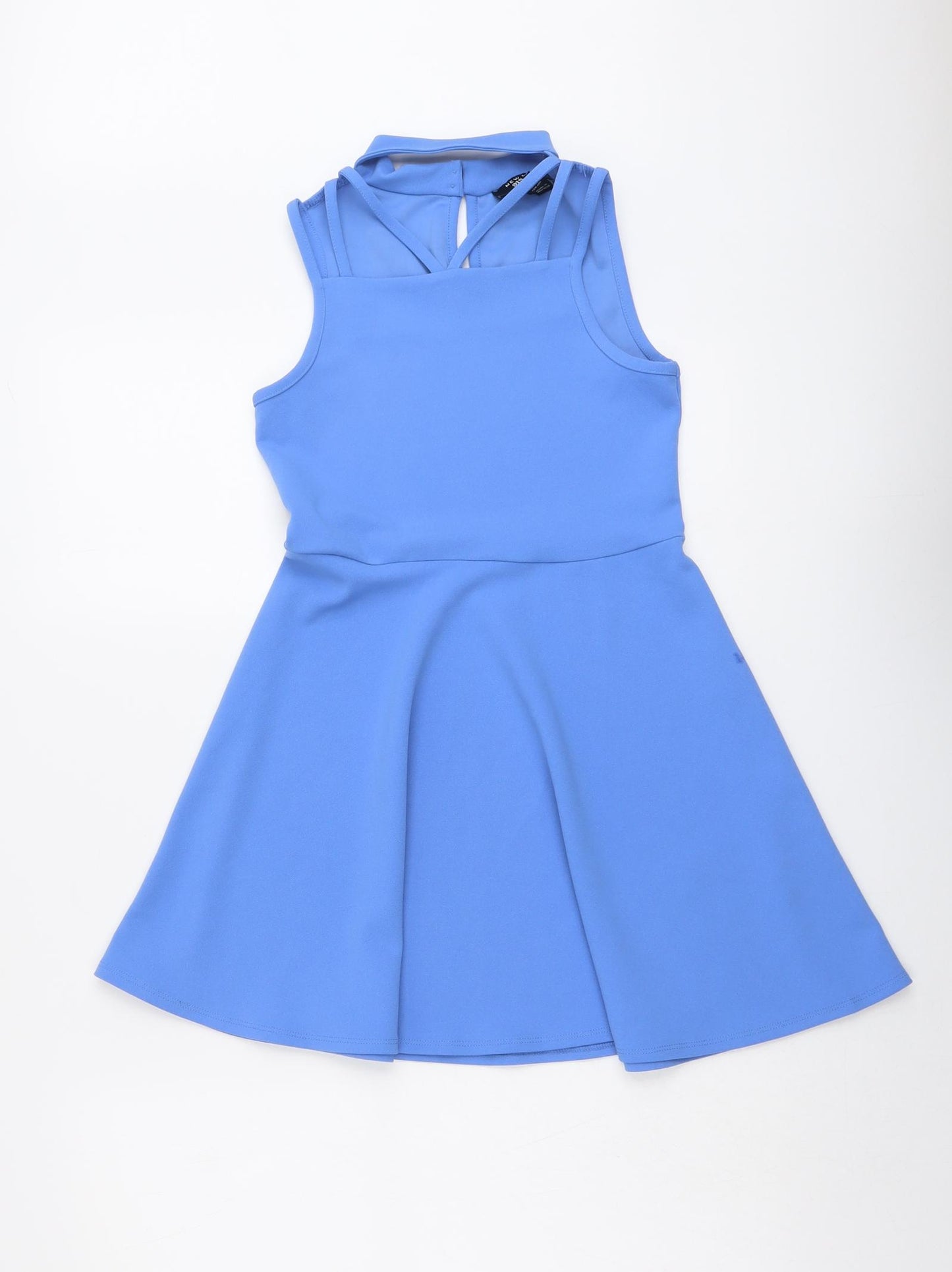 New Look Girls Blue Polyester Fit & Flare Size 9 Years Square Neck Button