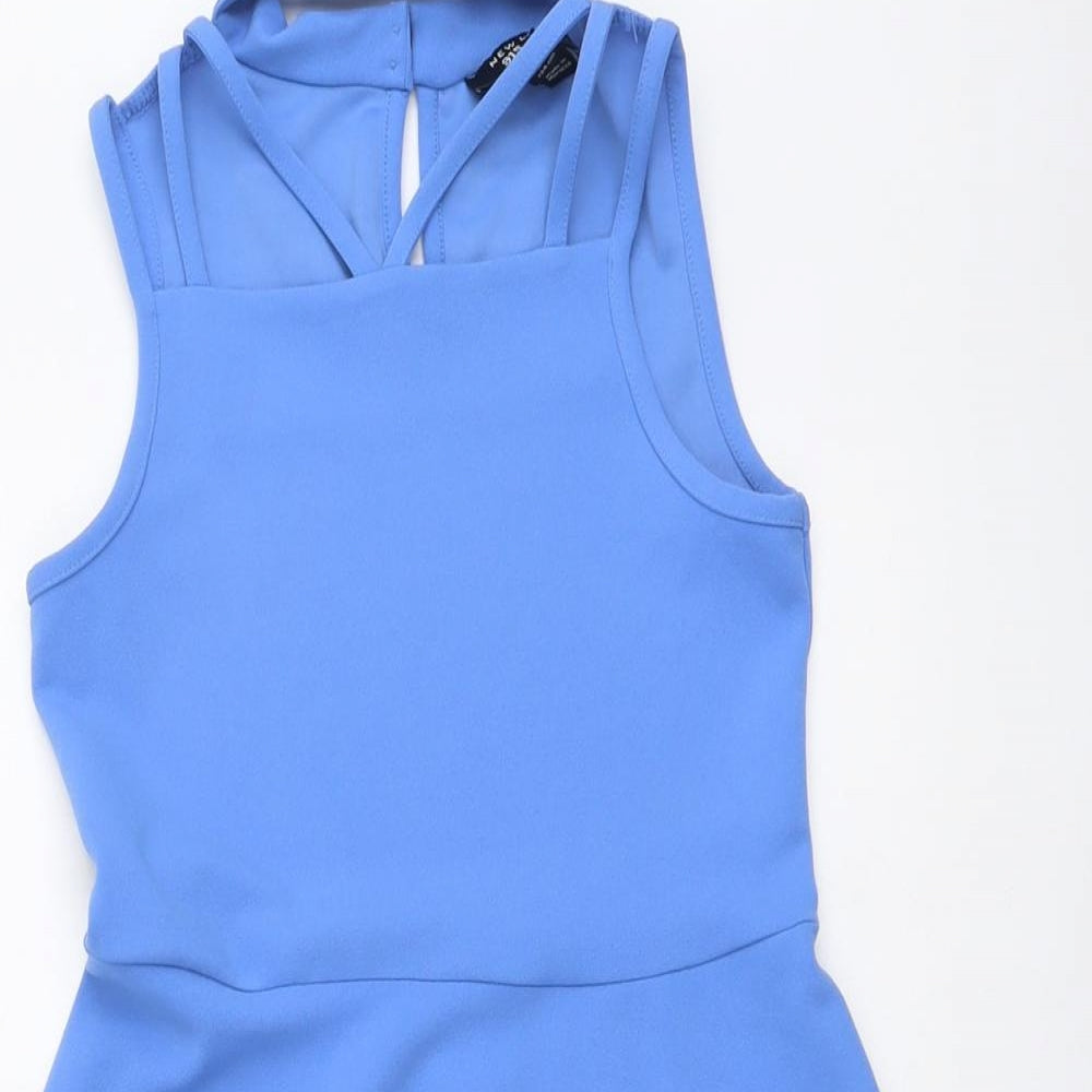 New Look Girls Blue Polyester Fit & Flare Size 9 Years Square Neck Button
