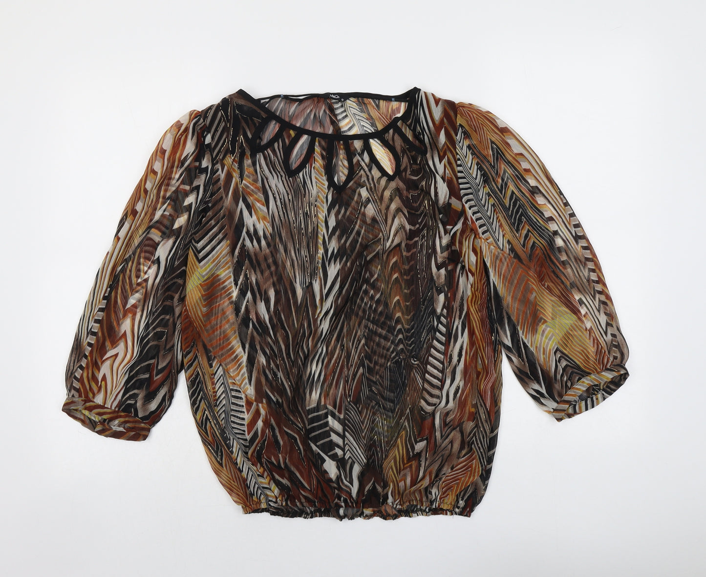 M&Co Womens Brown Geometric Polyester Basic Blouse Size 12 Round Neck