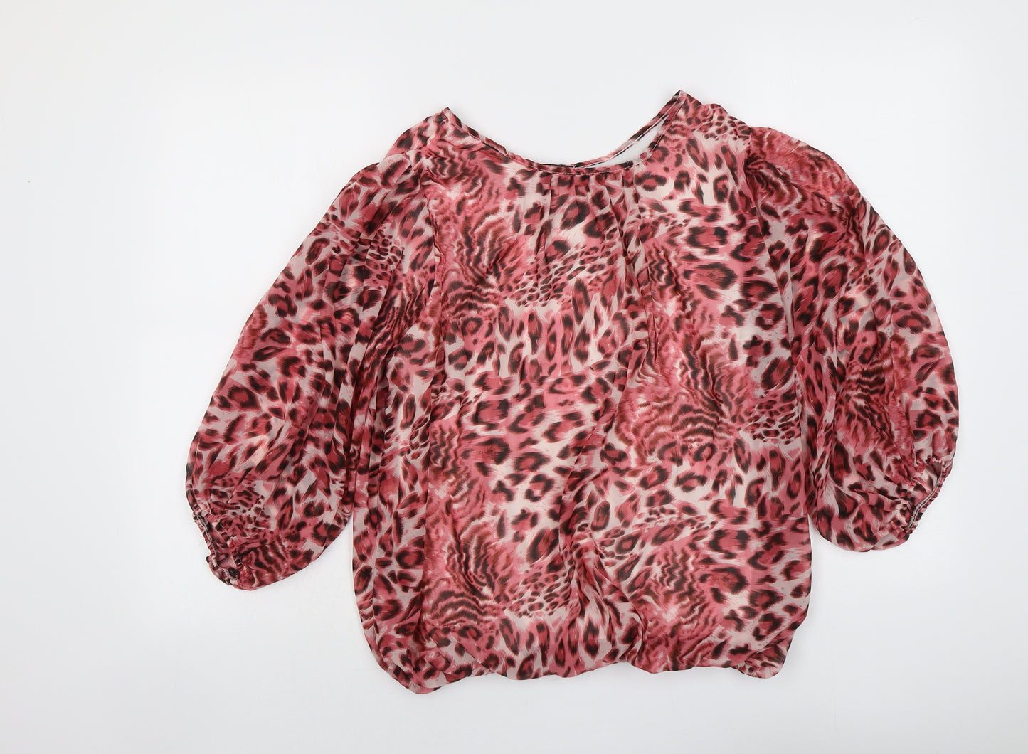 Firenza Womens Pink Animal Print Polyester Basic Blouse Size S Round Neck - Leopard Pattern