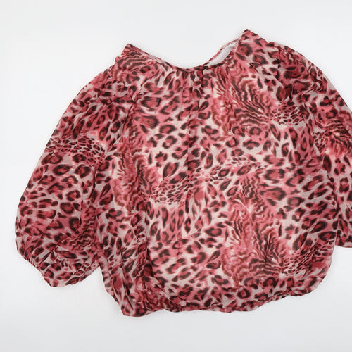 Firenza Womens Pink Animal Print Polyester Basic Blouse Size S Round Neck - Leopard Pattern