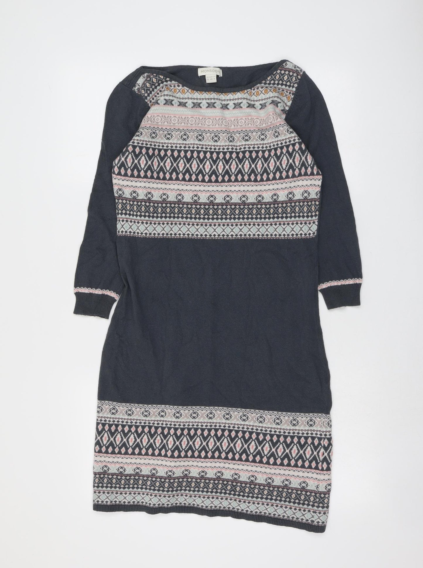 Monsoon Womens Grey Geometric Cotton Jumper Dress Size 12 Boat Neck Pullover