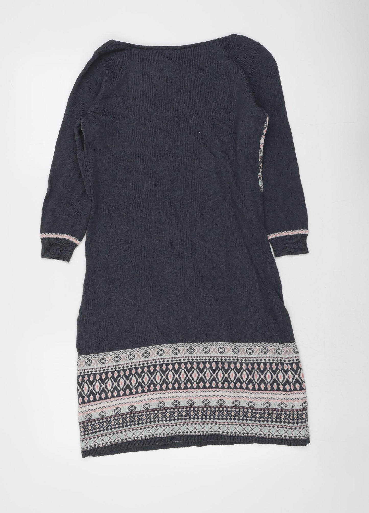 Monsoon Womens Grey Geometric Cotton Jumper Dress Size 12 Boat Neck Pullover