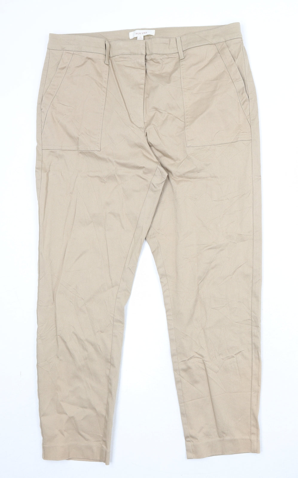 Per Una Womens Beige Cotton Trousers Size 16 Regular Zip
