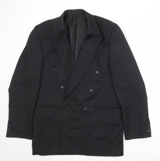 Front view of Burton men’s black striped polyester jacket suit jacket, size 40, regular