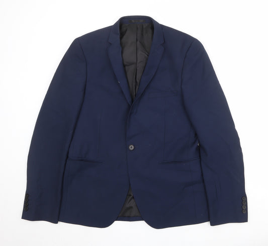 Front view of Burton men’s blue polyester jacket suit jacket, size 40, regular