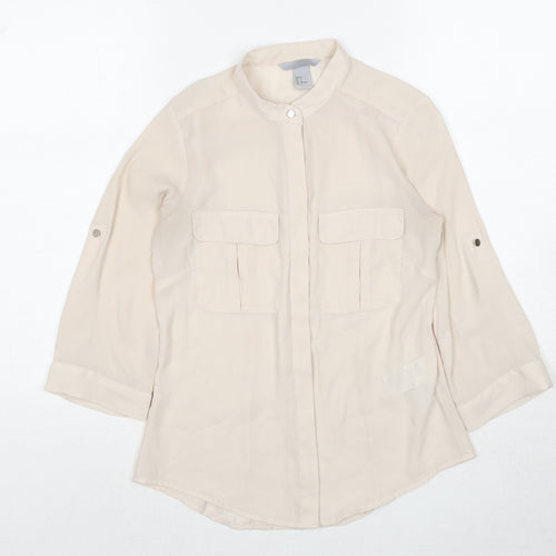 H&M Womens Beige Polyester Basic Button-Up Size 4 Round Neck